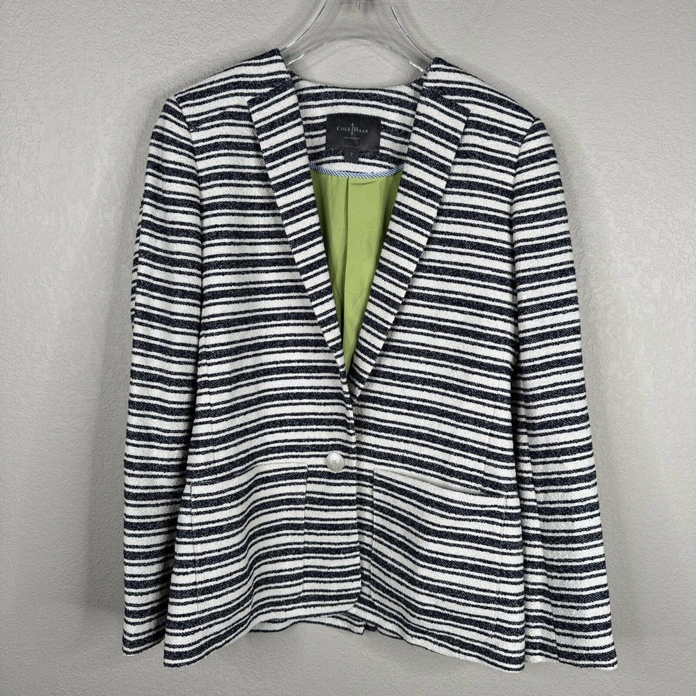 Cole Haan Blazer Womens 2 White/Black Striped Cotton Single Breasted Notch Lapel